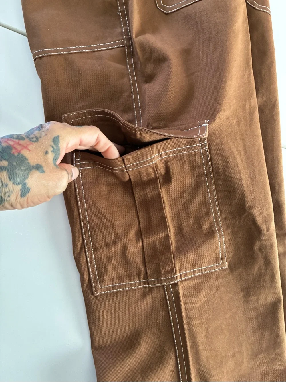 HERPERAS S CHOCOLATE BR 💯 COTTON STREETWEAR CARGO PANTS THICK STICKING ACCENTS - Picture 12 of 14